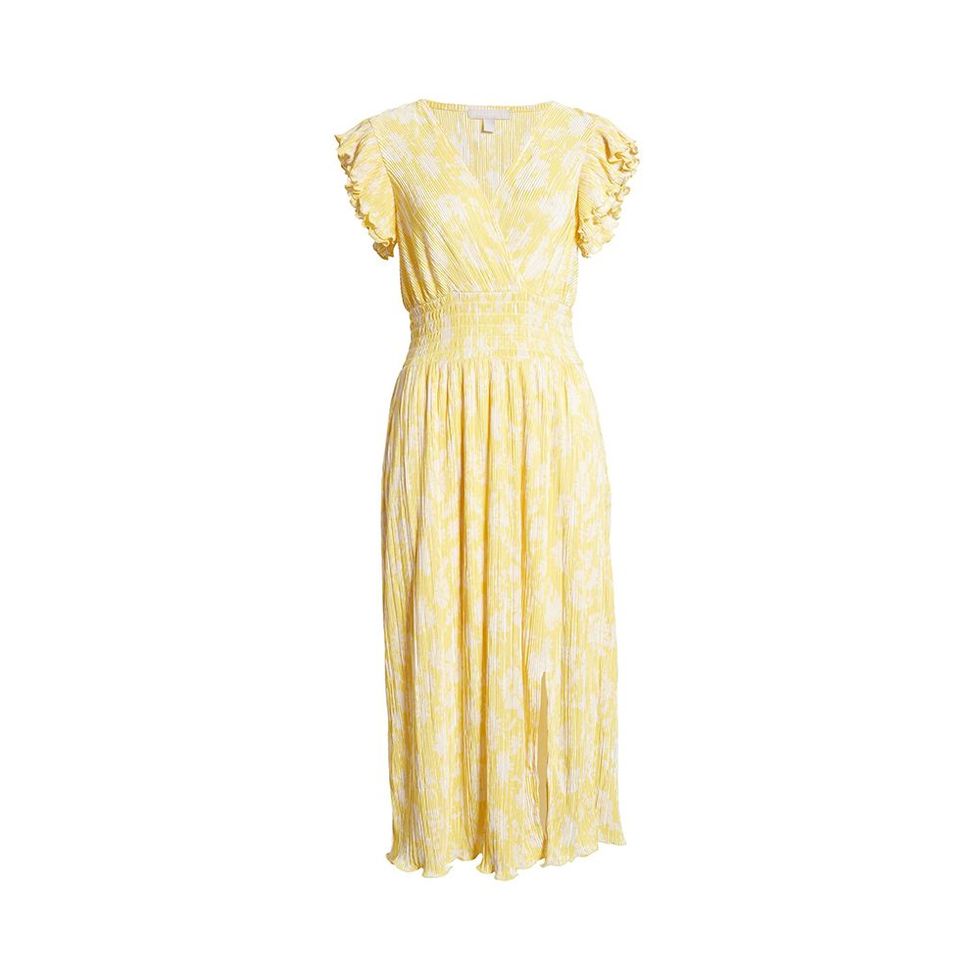 Flutter Sleeve Plissé Midi Dress in Yellow Citron Jenna Blooms