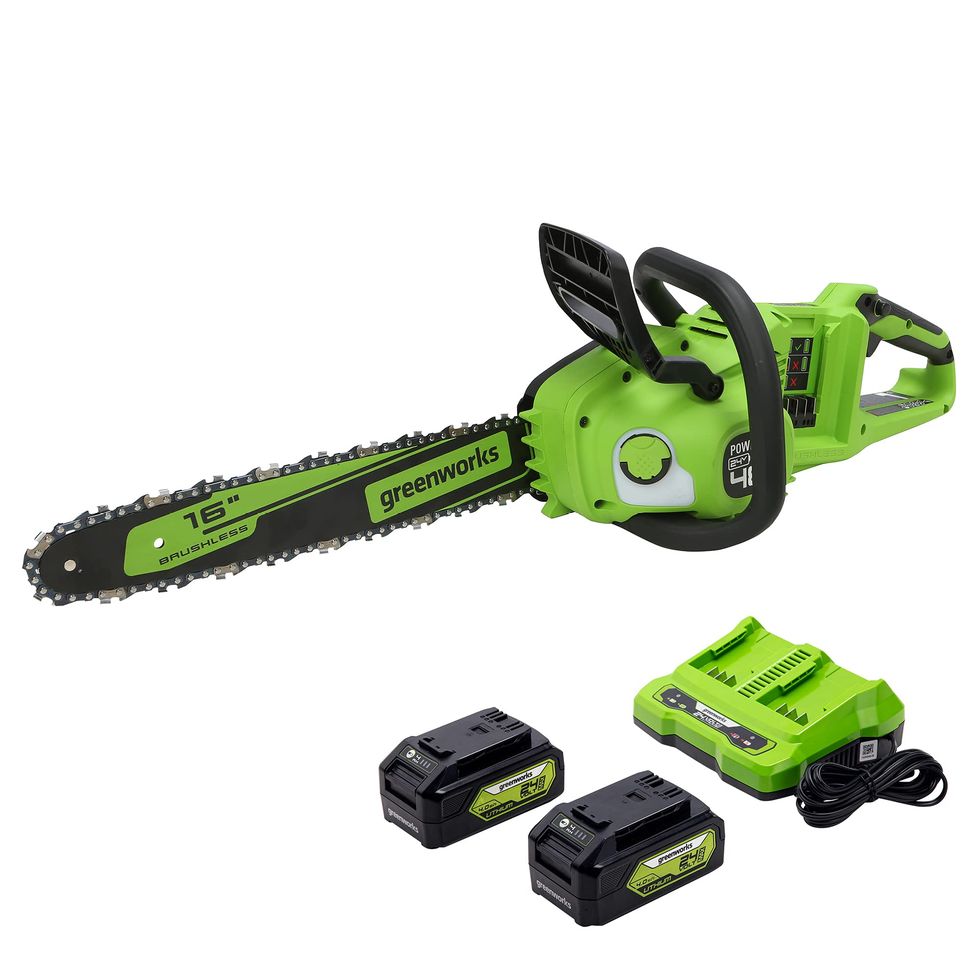 48-volt Electric Chainsaw with 16-inch Bar, Two 4.0Ah Batteries, and a Dual-Port Charger