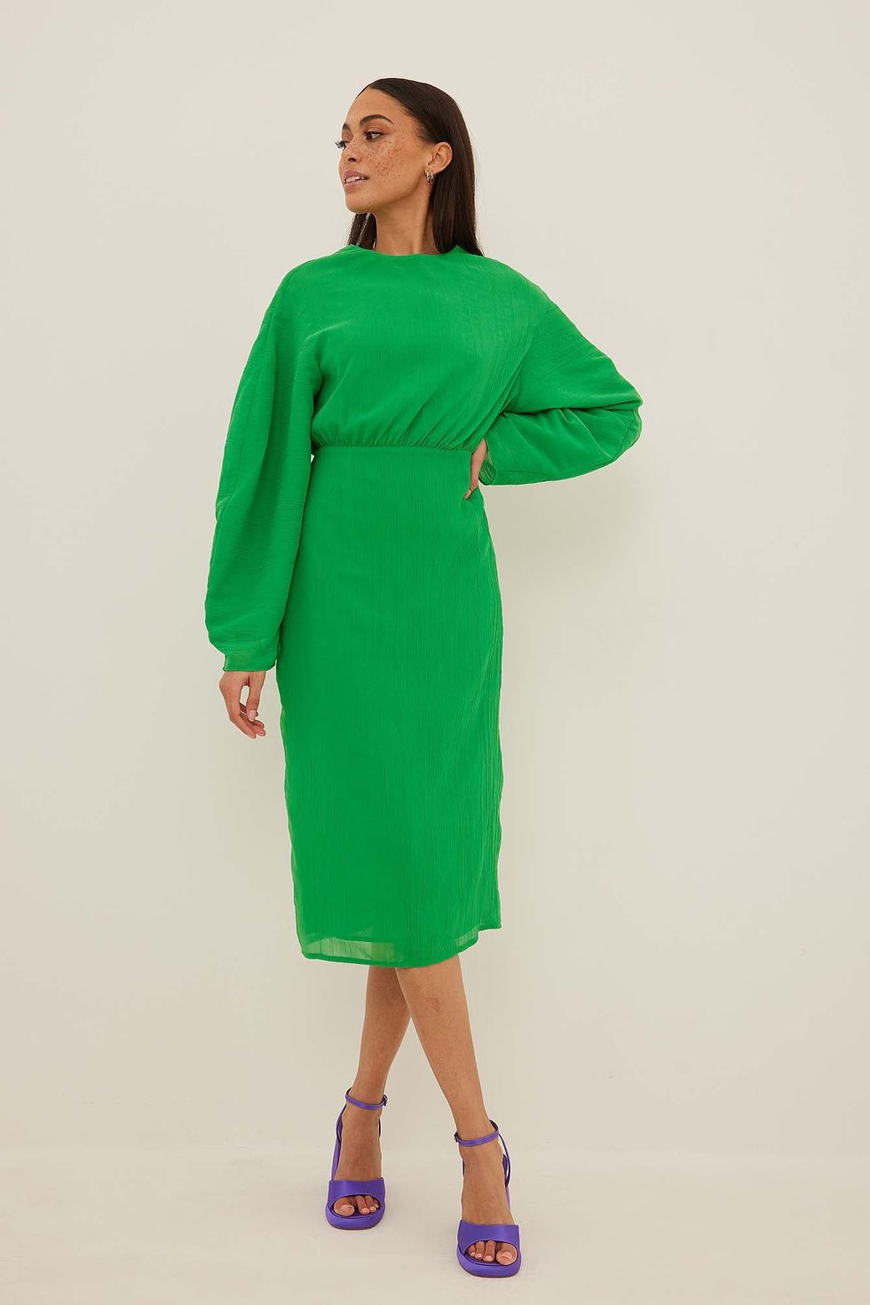 Wide-Sleeve Midi Dress Green