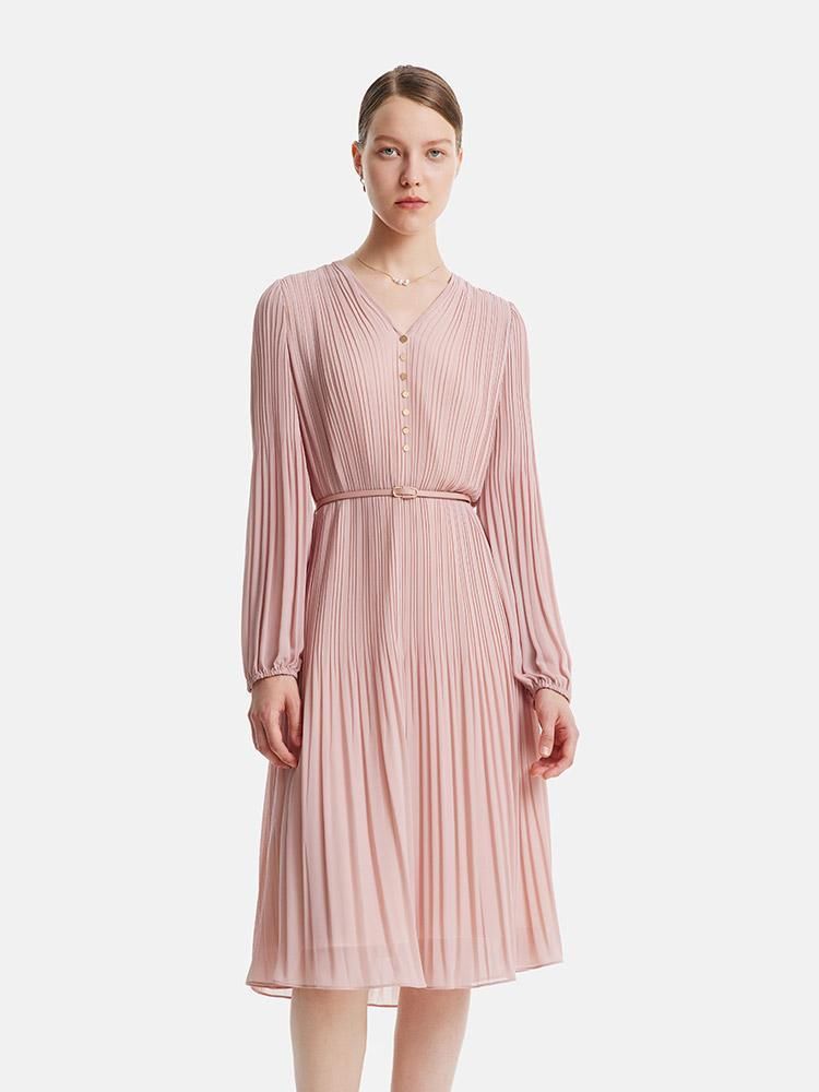 Pink Ruched Midi Dress with Belt