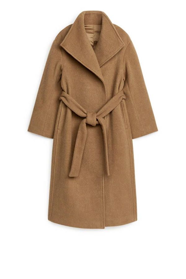 Camel Hooded Wool Blend Wrap Coat
