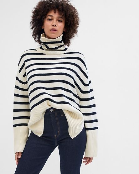 Relaxed Stripe Turtleneck Tunic Sweater