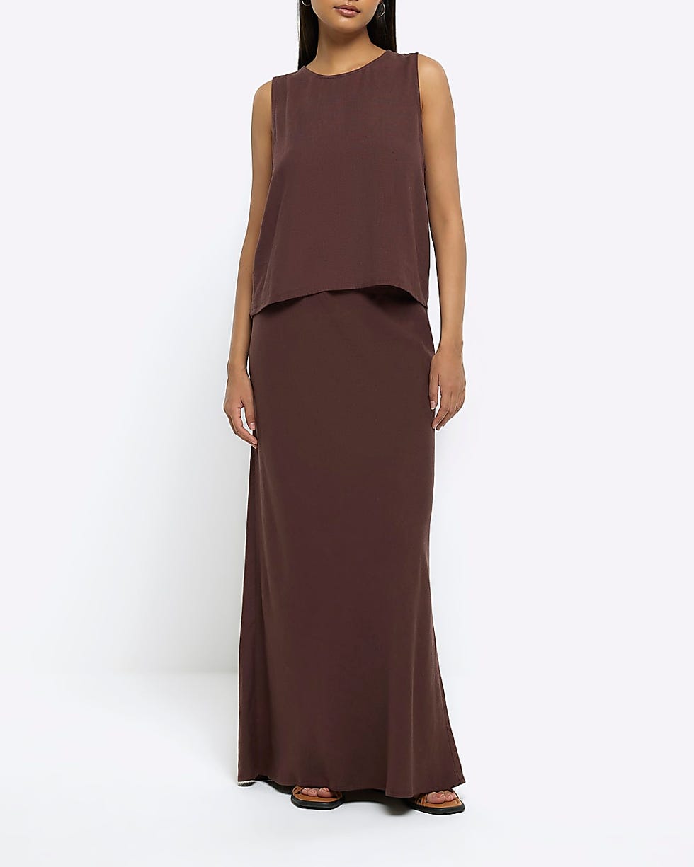 Brown Maxi Bias Skirt with Linen