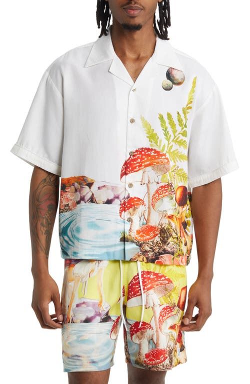 Ripple Print Short Sleeve Button-Up Shirt in White