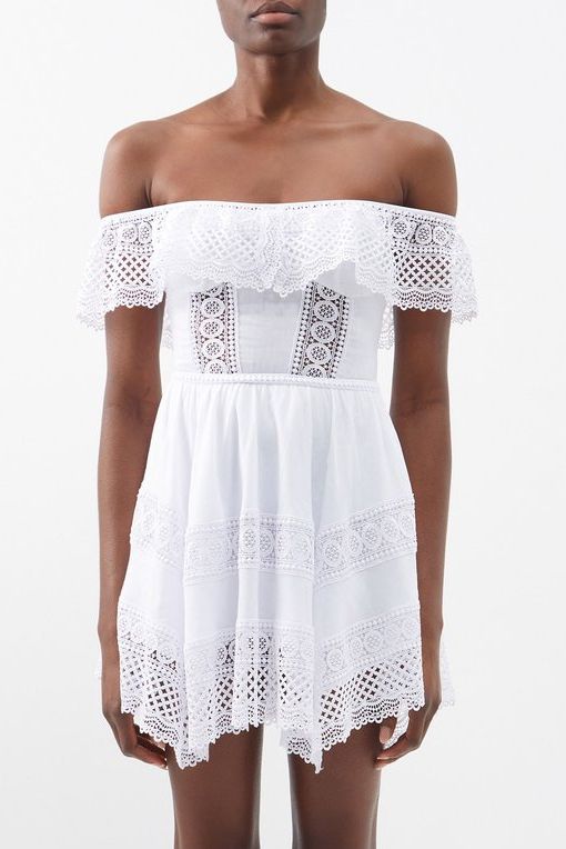 Off-the-shoulder guipure-lace voile mini dress
