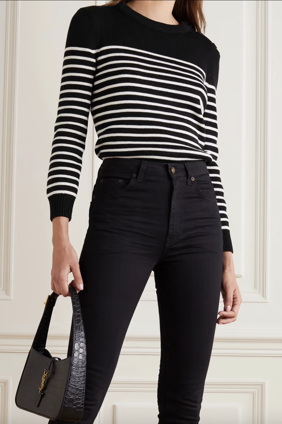 Button-embellished striped cotton and wool-blend sweater