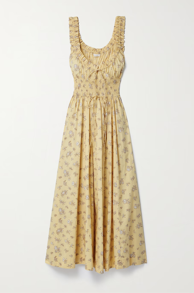 + NET SUSTAIN Emmaretta shirred floral-print organic cotton-poplin midi dress