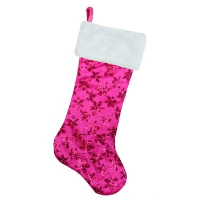 Pink Sequin Snowflake Christmas Stocking with Faux Fur Cuff