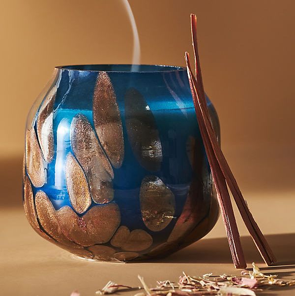 Cheena Fruity Woody Golden Honey & Cedarwood Metallic Glass Jar Candle By Anthropologie in Blue Size S