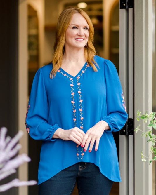 The Pioneer Woman Embroidered Sleeve Sharkbite Blouse