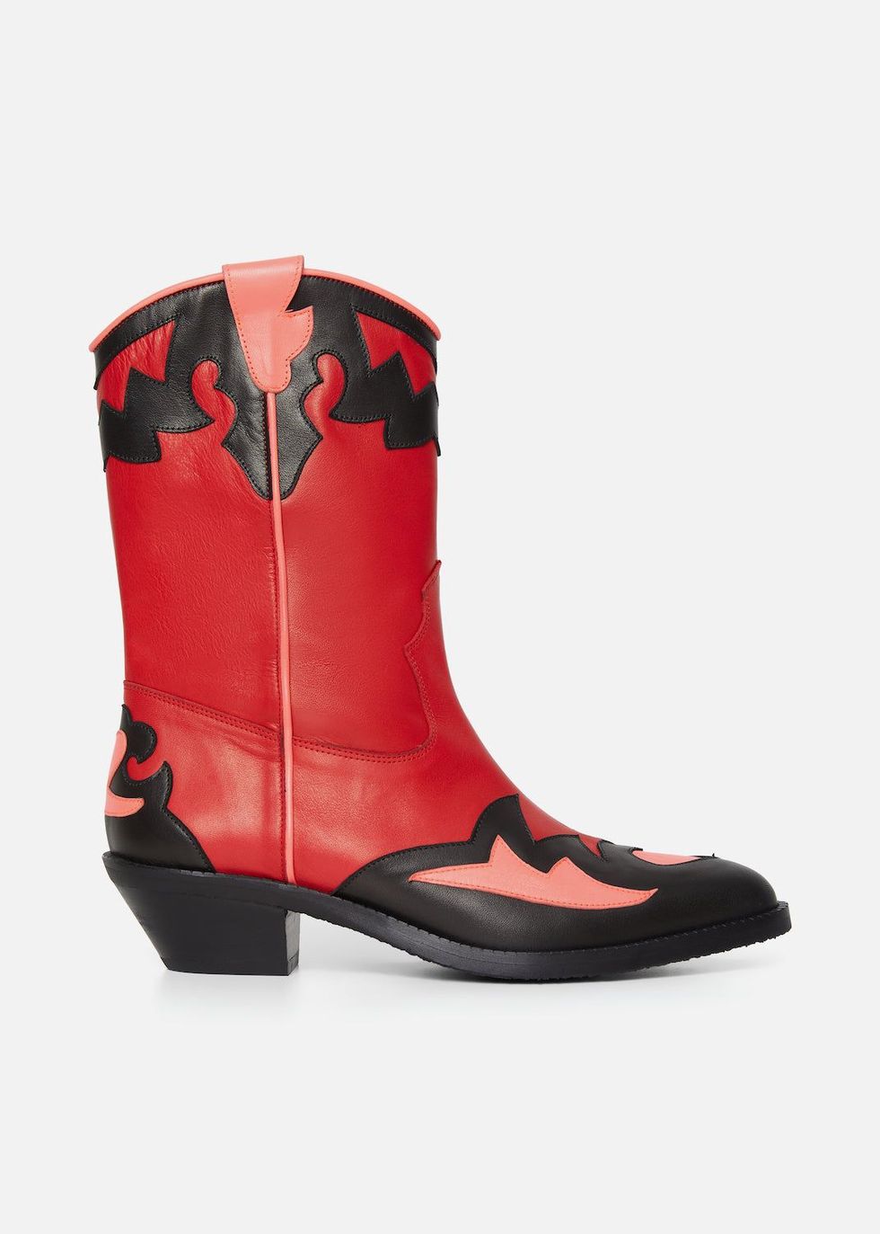 Red leather cowboy boots with contrast panel detailing