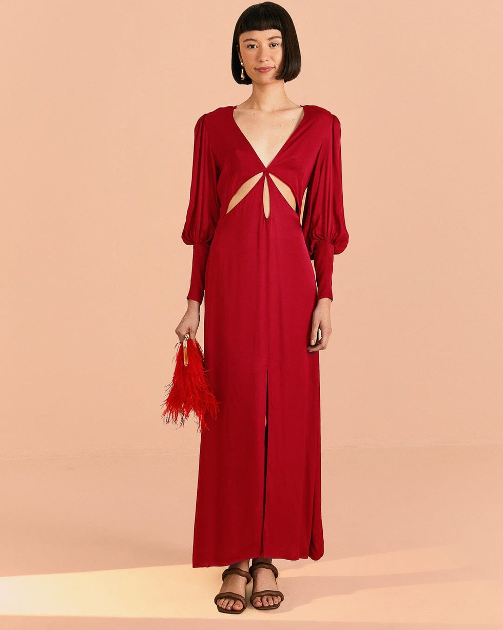Red Cut Out Long Sleeve Maxi Dress