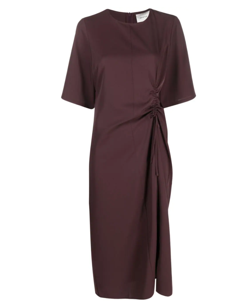 Ruched Round-Neck Midi Dress