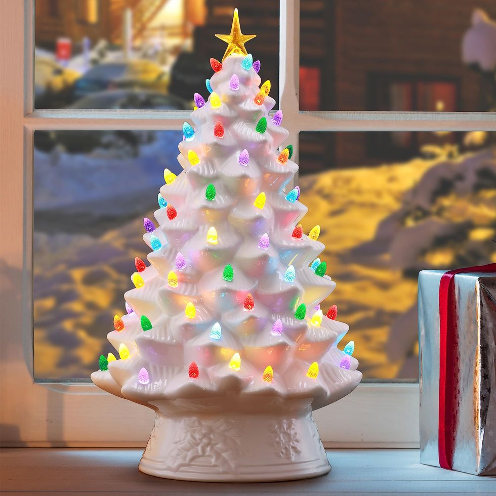 8 LIGHTED CHRISTMAS WHITE CHRISTMAS TREE Vintage Style Ceramic