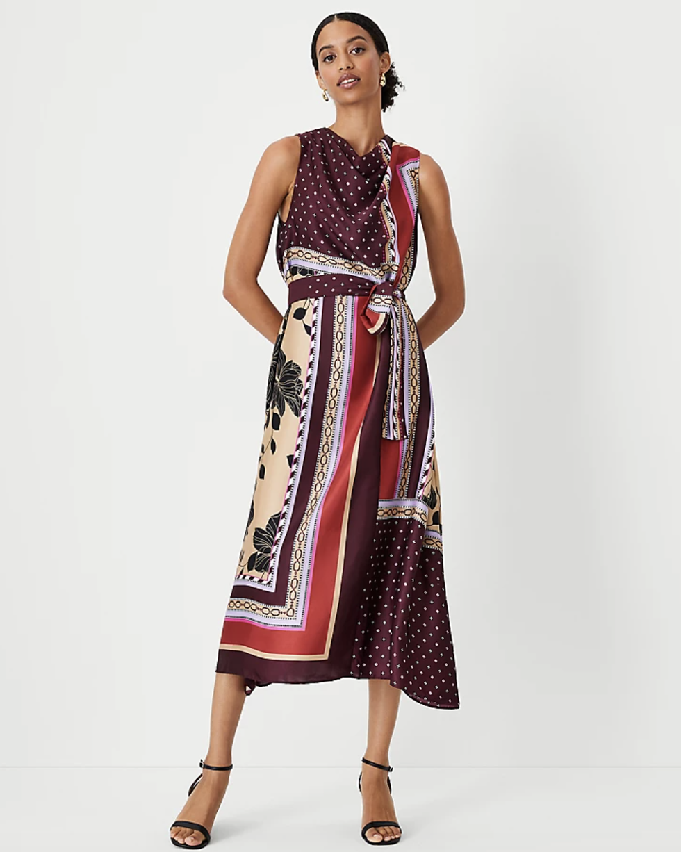 Mixed Print Mock-Neck Belted Flare Dress