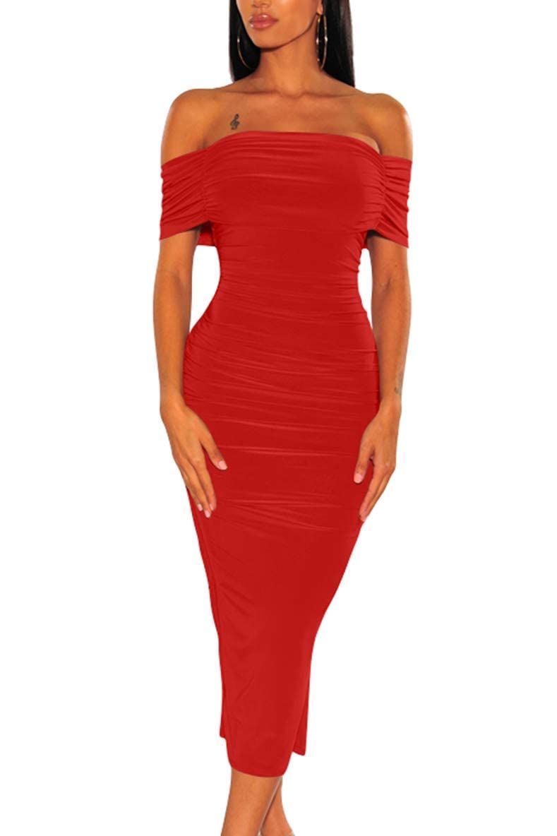 Ruched Off Shoulder Bodycon Cocktail Dress