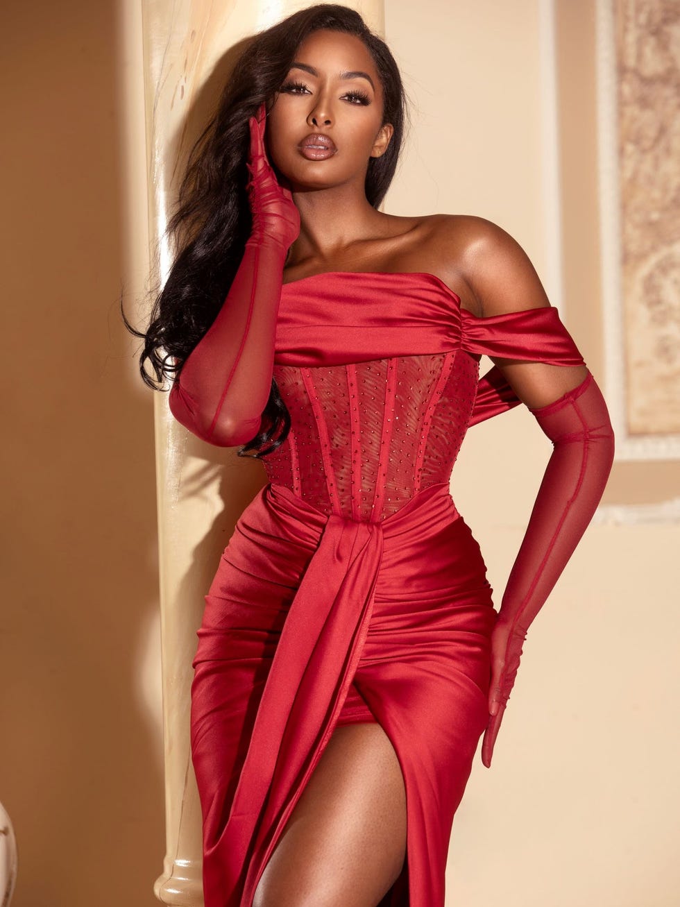 Stella Off Shoulder Crystal Corset Satin Gown