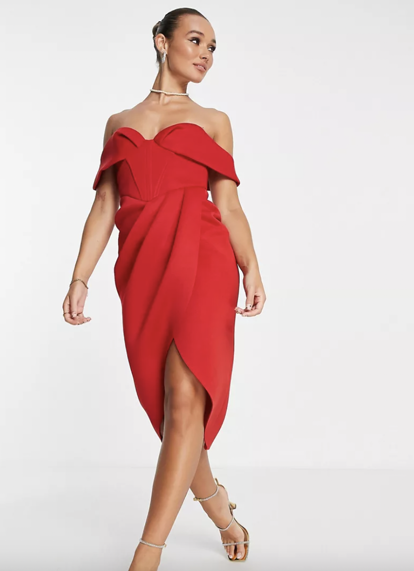 off shoulder corset midi dress