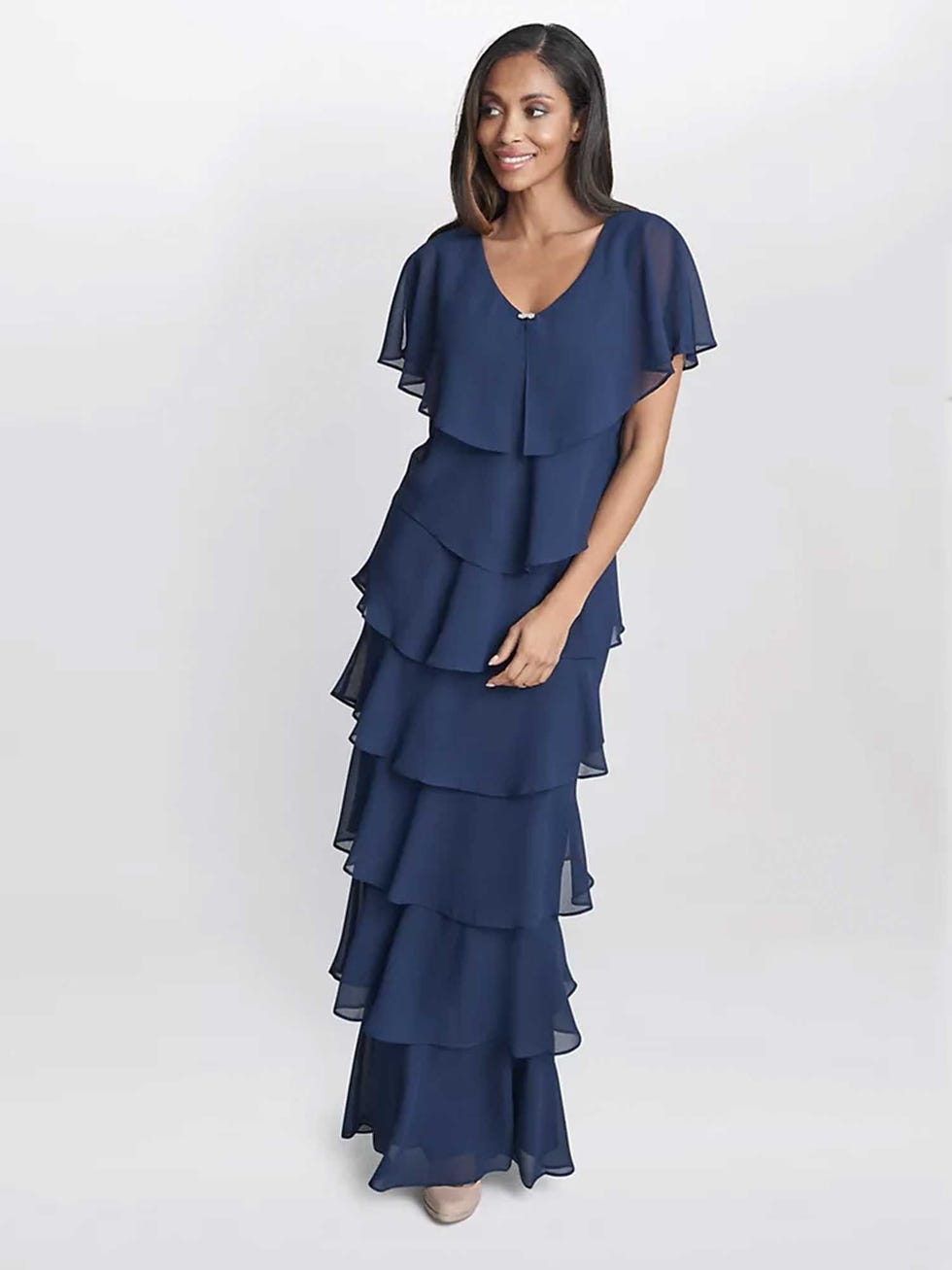 Embellished V-Neck Maxi Tiered Dress