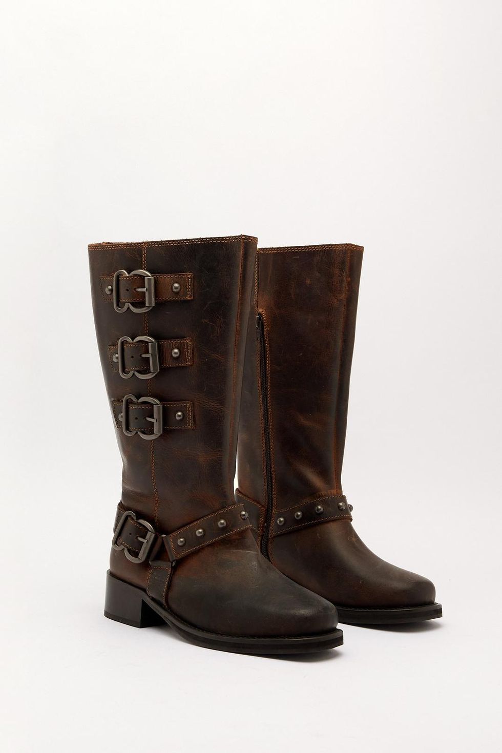Tarnished Leather Multi Buckle Harness Knee High Boots