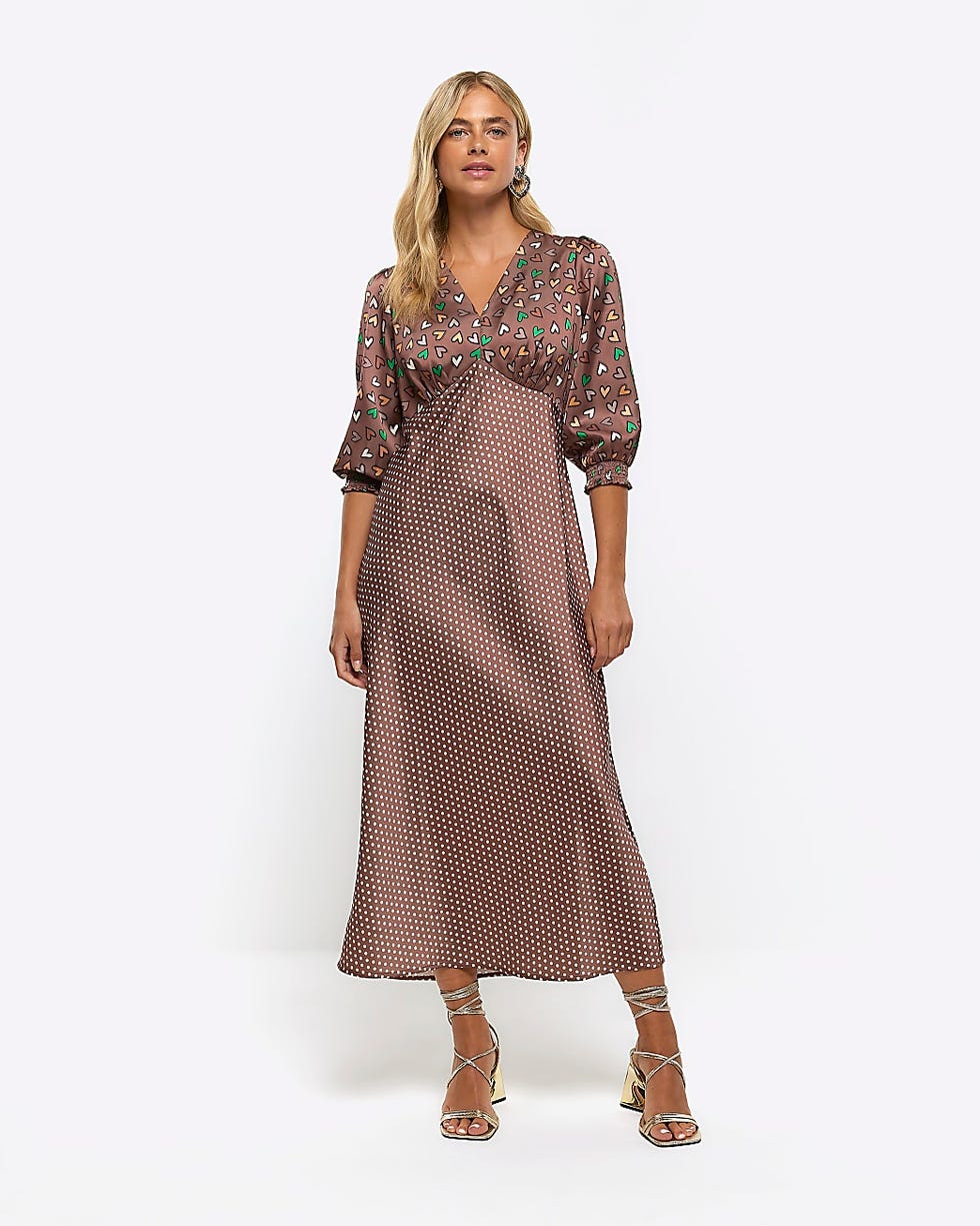 Brown satin spot swing maxi dress