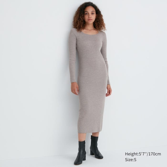 Merino Blend Fitted U Neck Long Sleeve Dress