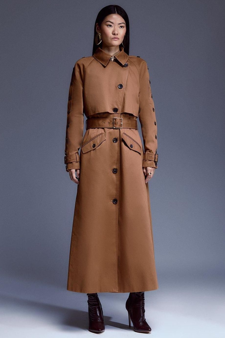 Button detail belted maxi trench coat
