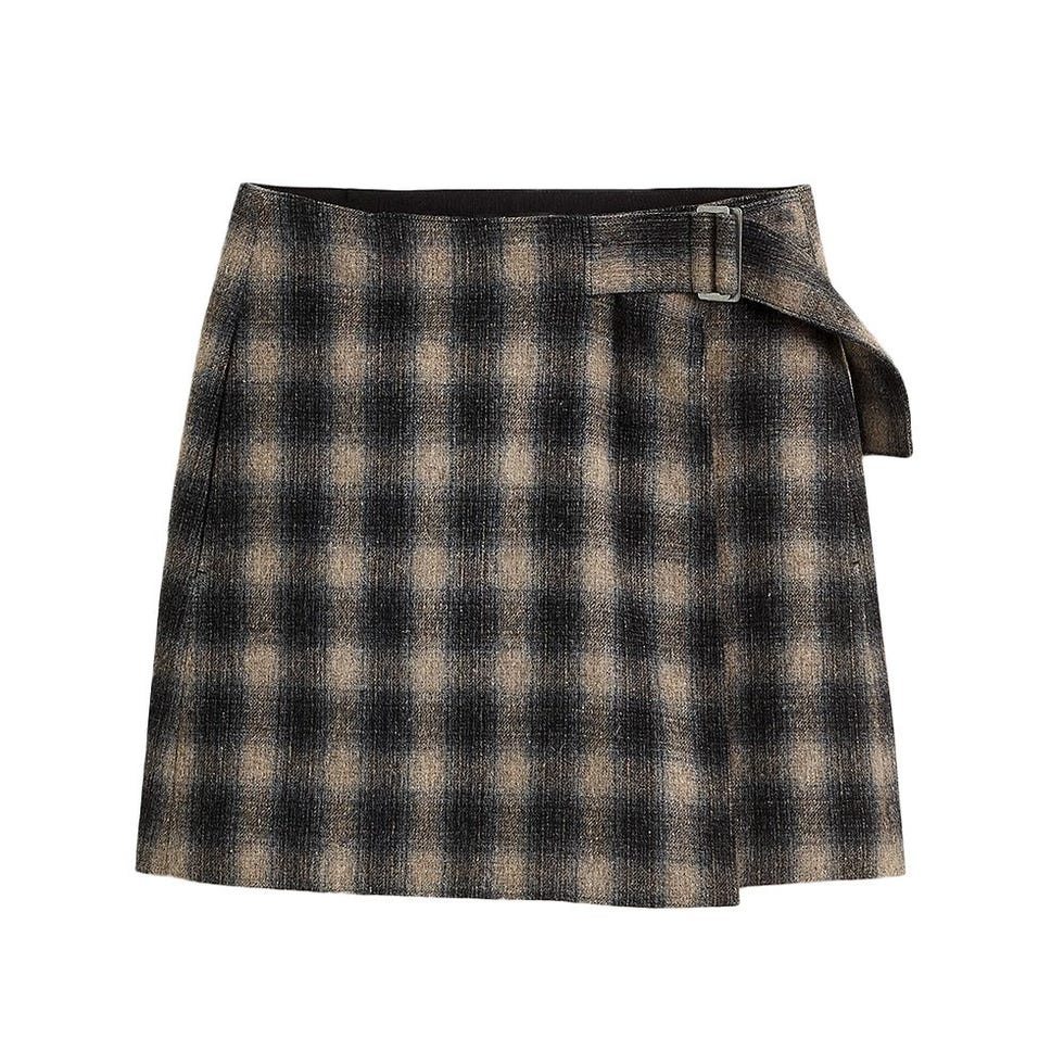 Buckle-Belt Wrap Mini Skirt in Plaid