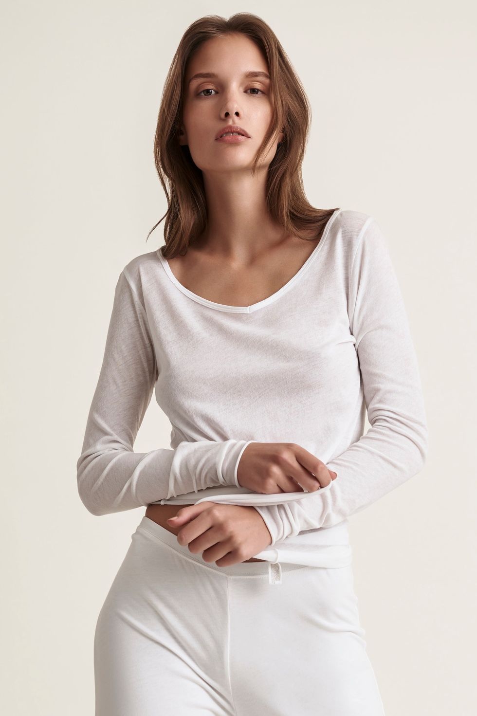 Basic Nude Longsleeve Fitted T Shirt