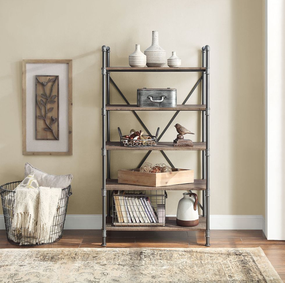 Distressed Brown Metal 5-Shelf Bookcase