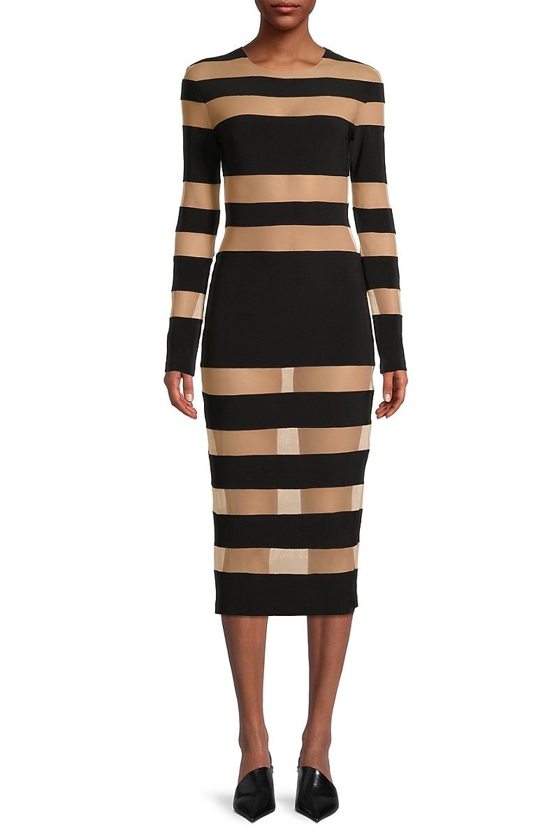 Semi-Sheer Striped Midi-Dress