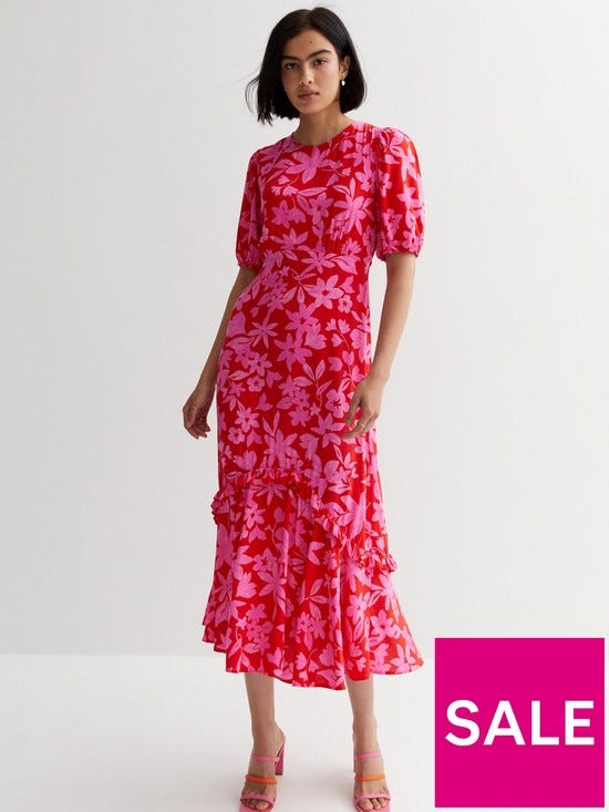 Red Pattern Floral Tierred Midi Dress