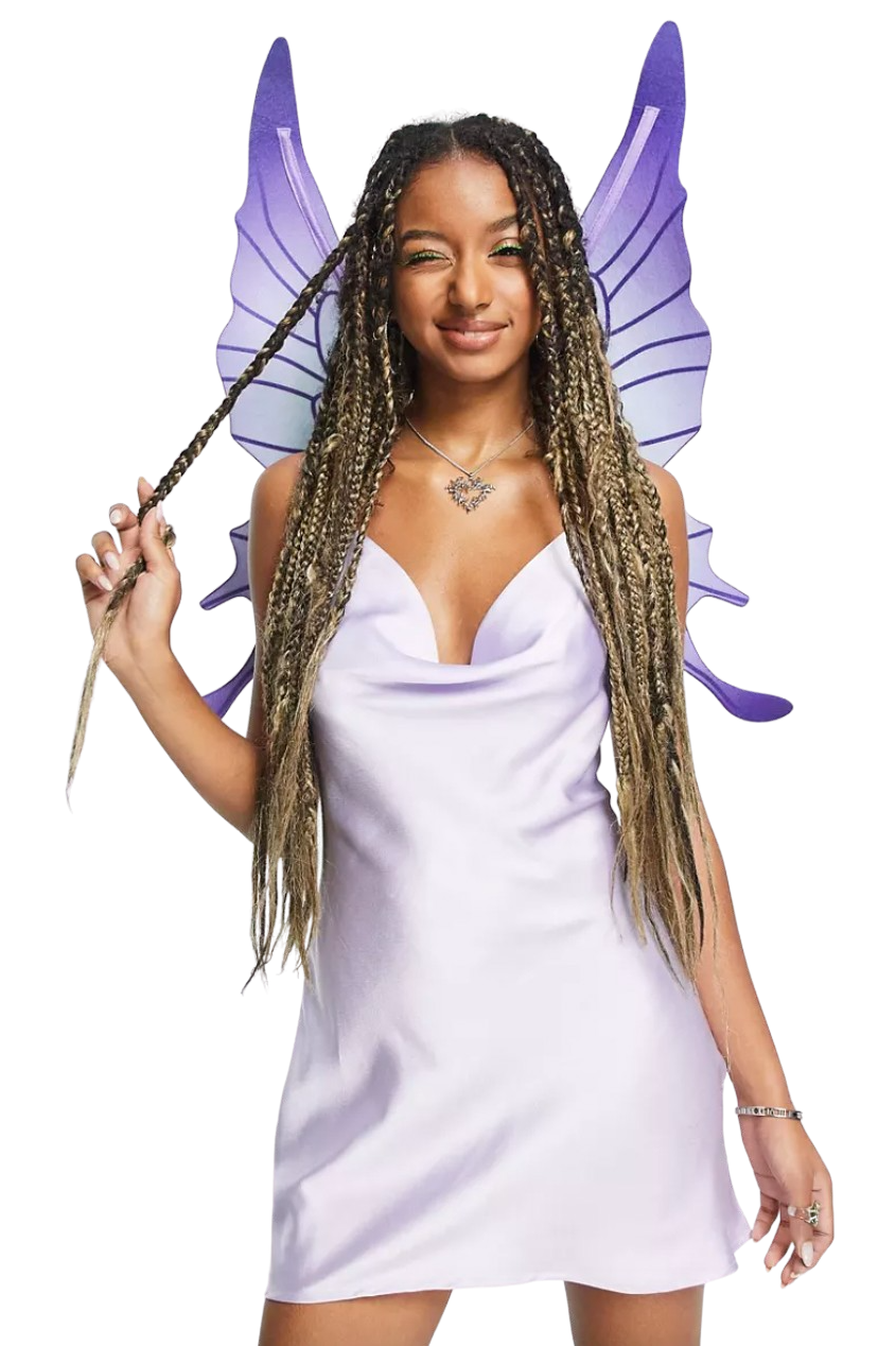 Halloween fairy satin cami mini dress with wings in lilac