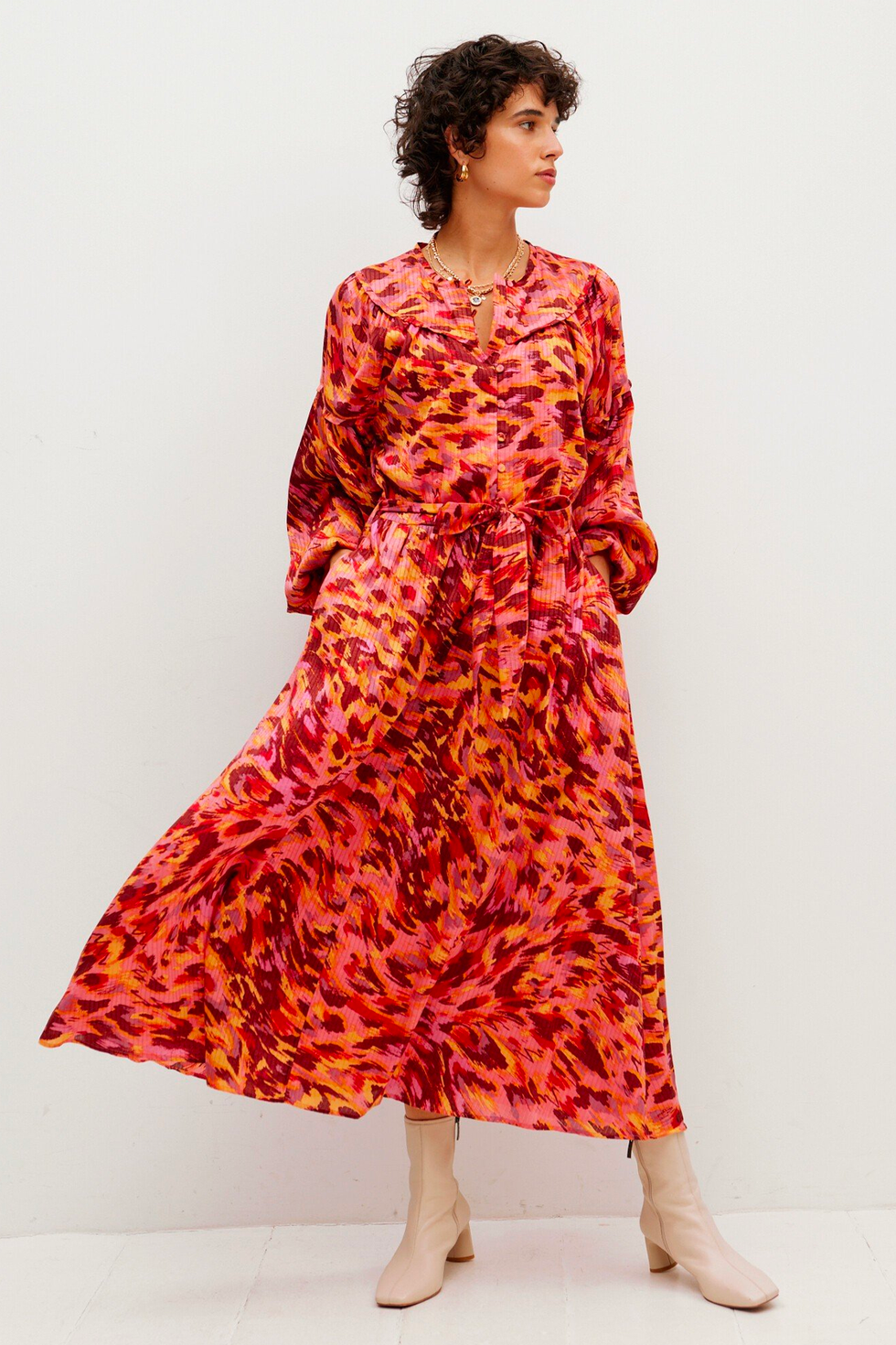 Moving Texture Print Red Midi Dress