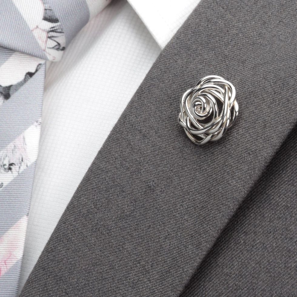 Sterling Silver Rhodium Plated Rose Lapel Pin