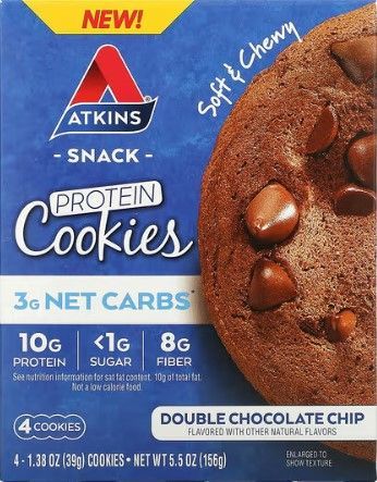 Atkins, スナック、プロテインクッキー、ダブルチョコレートチップ、4個、各39 g（1.38オンス）