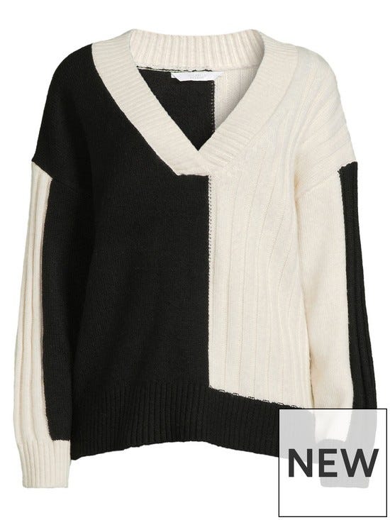 Colourblock V Neck Jumper - Monochrome