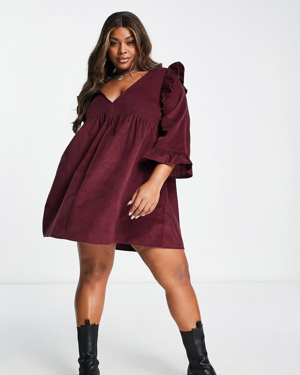 Cord Mini Smock Dress with Ruffle Shoulder in Dark Berry