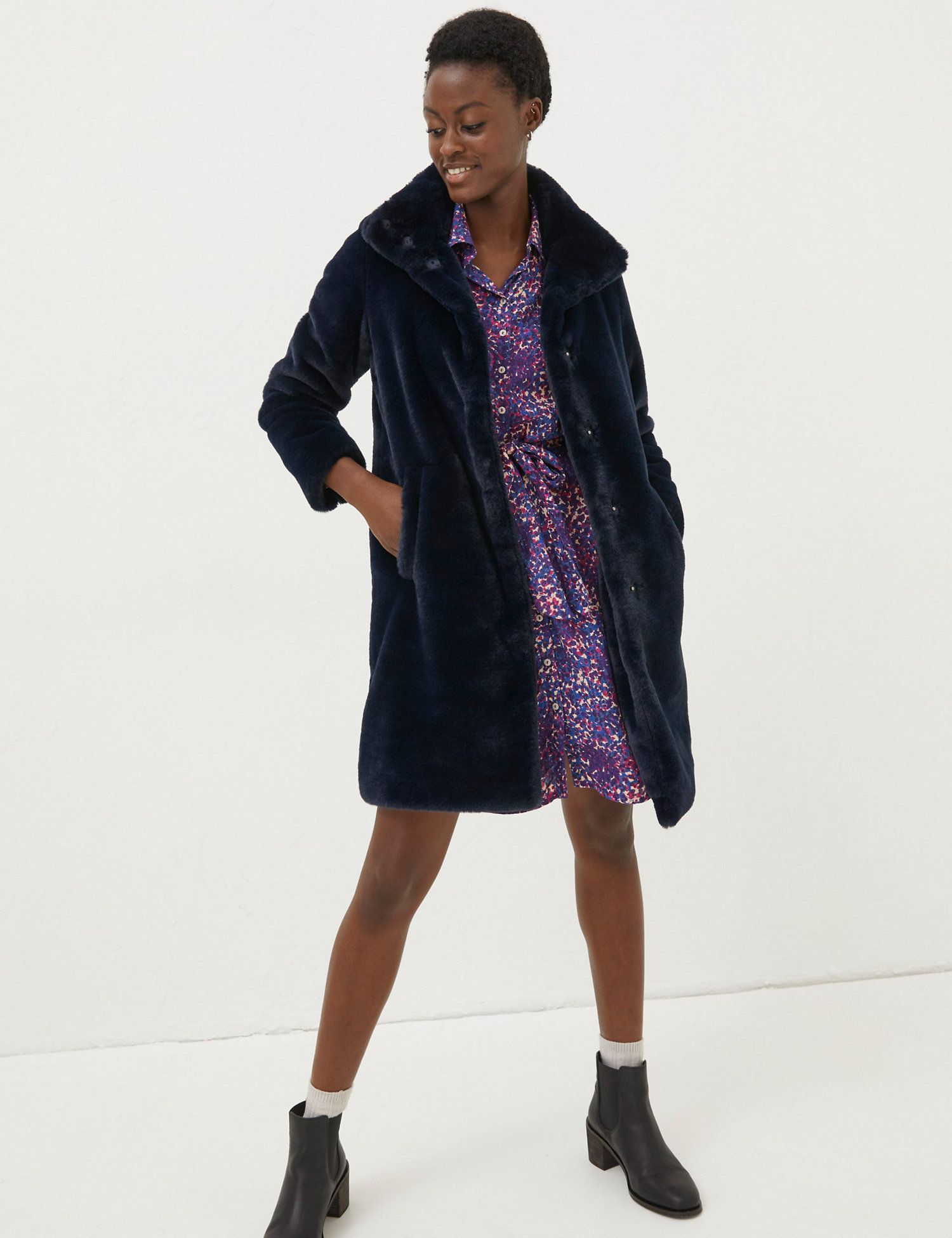 Navy blue clearance faux fur coat