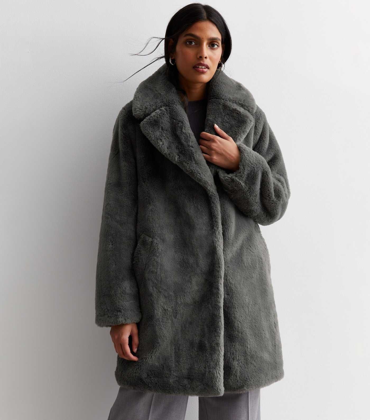 Womens grey shop faux fur coat