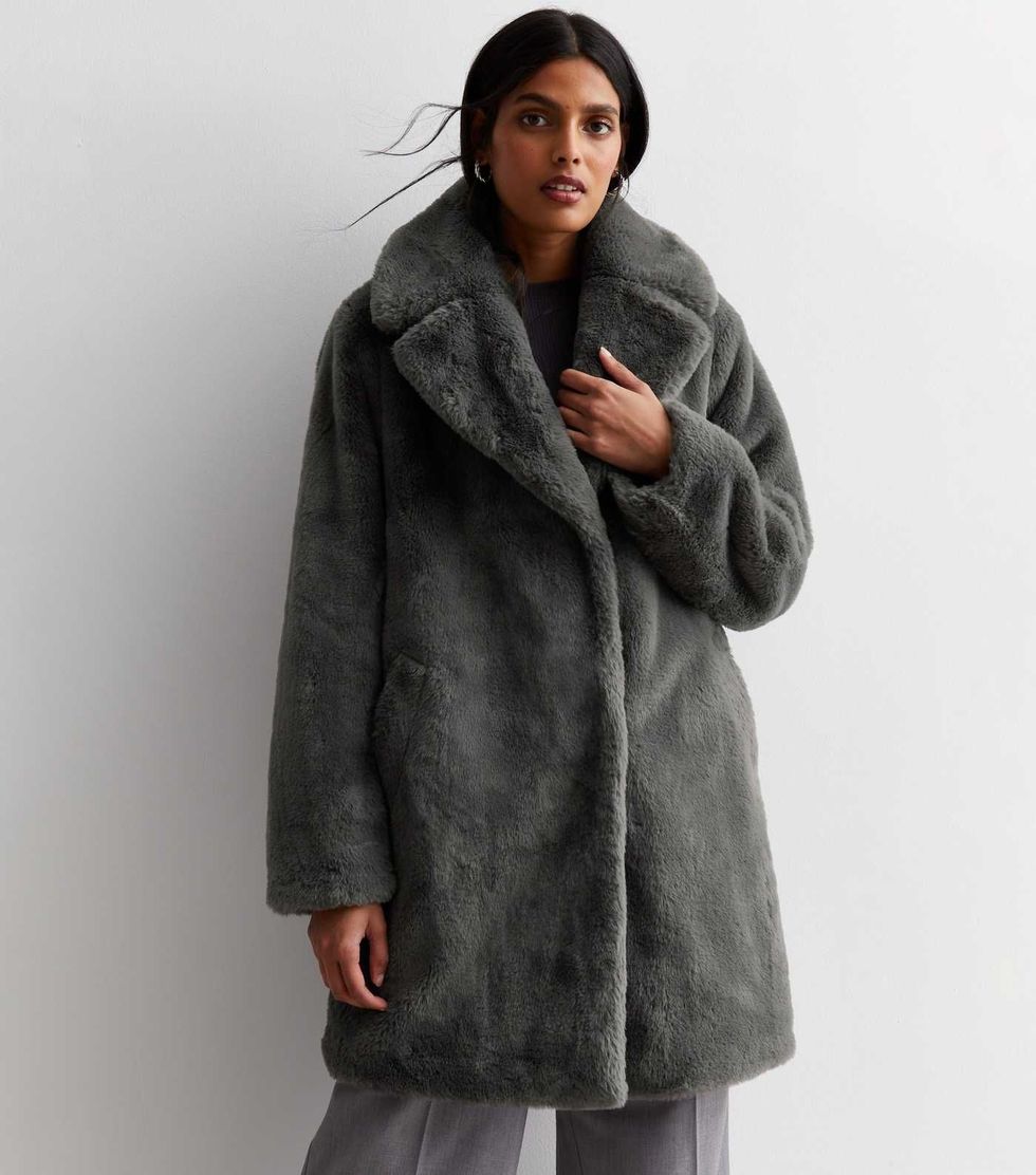 Jackets & Coats, Petite Faux Fur Longline Collar Coat