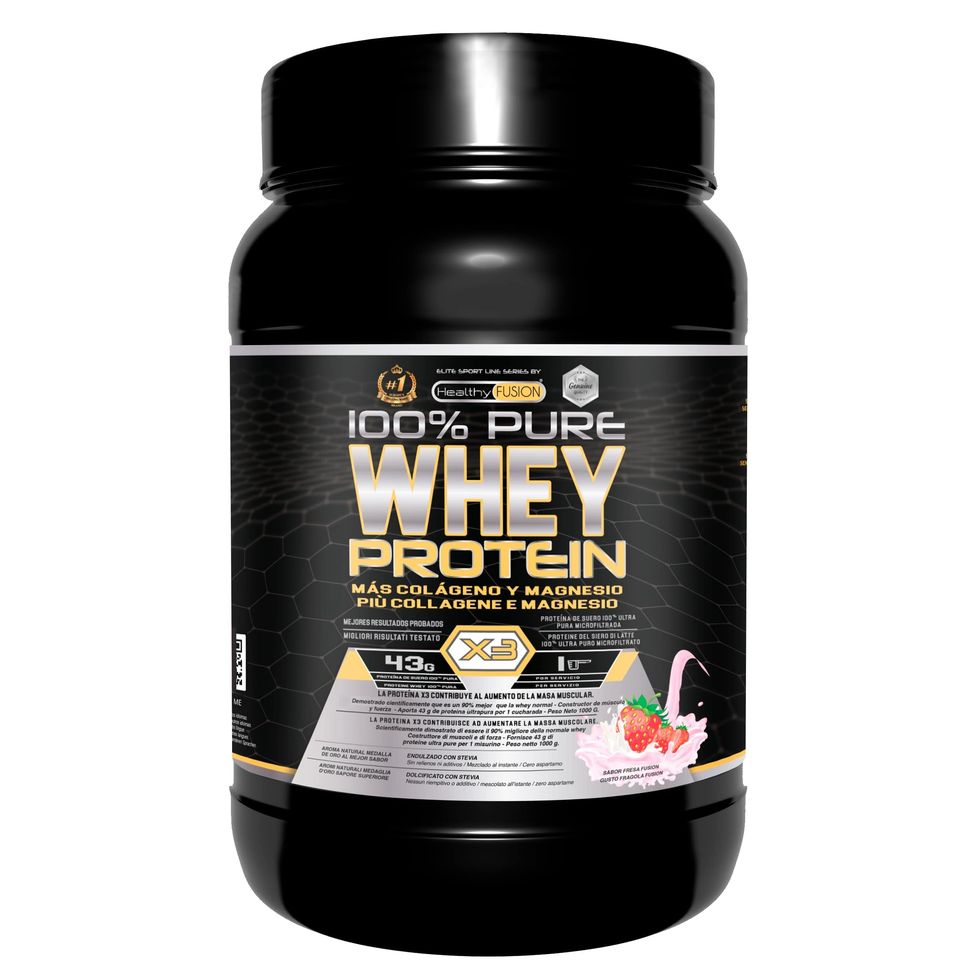 Healthy Fusion Whey Protein | Proteína pura con Colágeno + Magnesio | Tonifica y aumenta la masa muscular | Mejora tus entrenamientos | 1000g (Fresa)