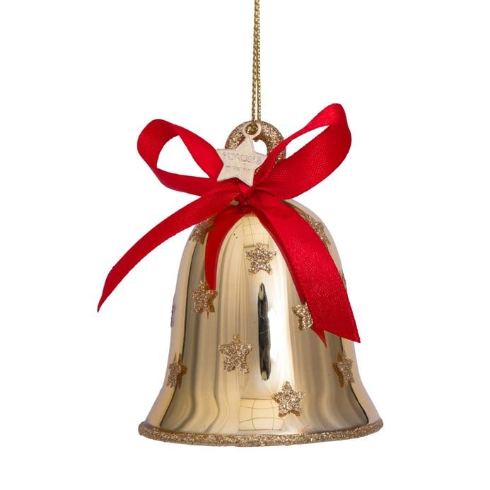 Glass Gold Bell with Red Bow Decoration