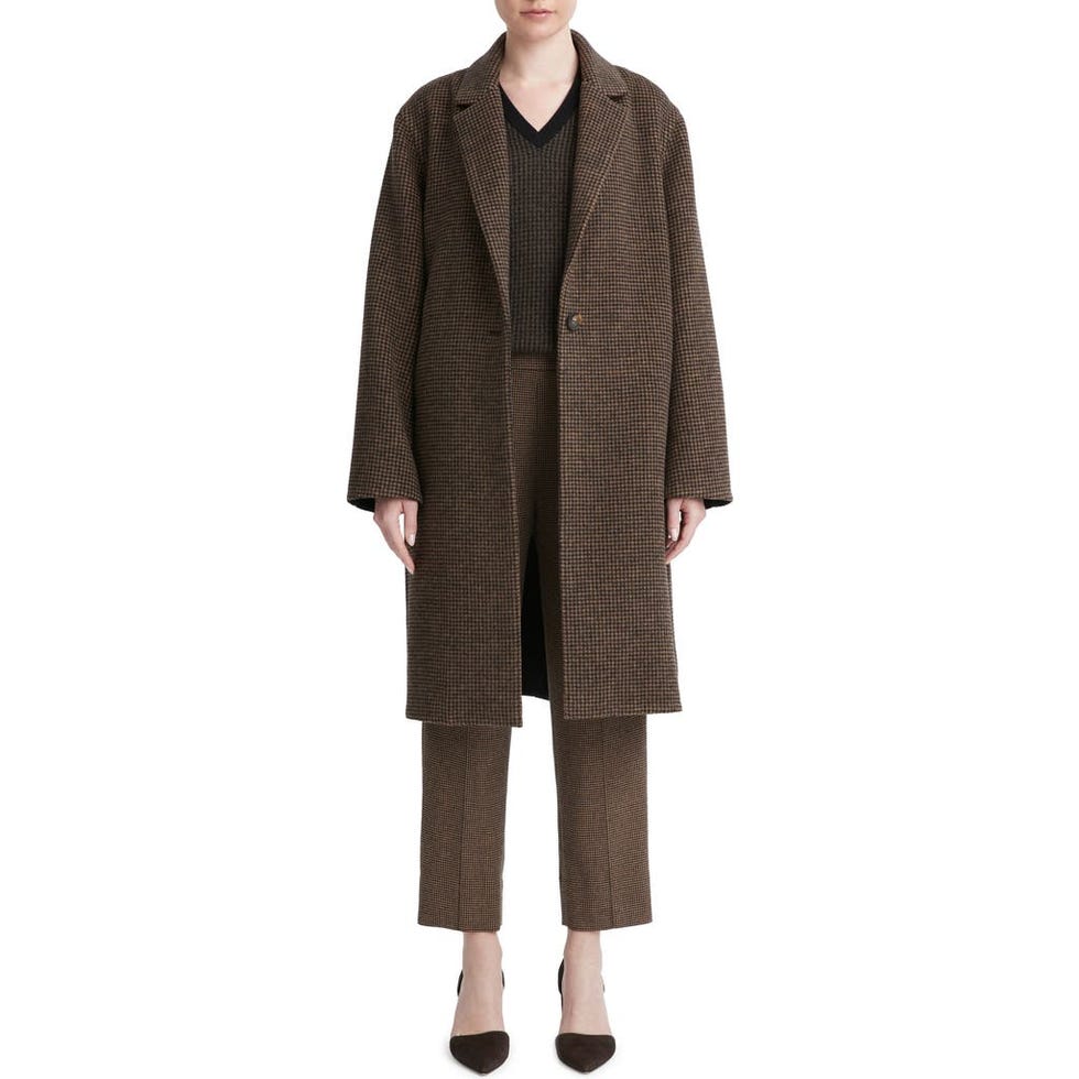 Vince Houndstooth Check Recycled Wool Blend Coat in Black/Camel at Nordstrom, Size Medium