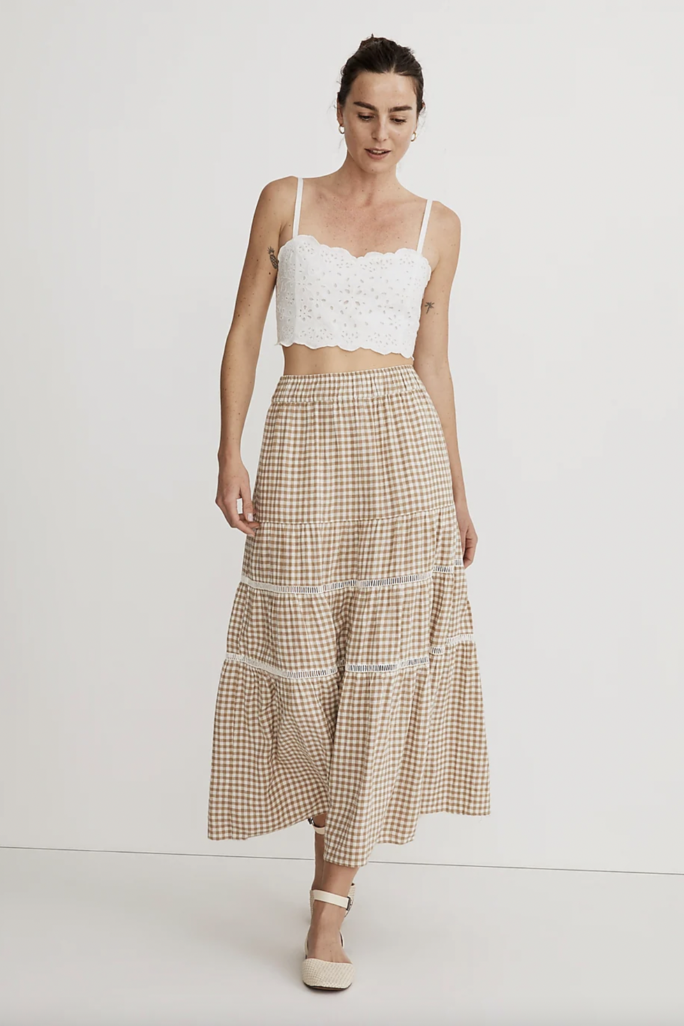 Linen-Blend Eyelet-Trim Tiered Maxi Skirt