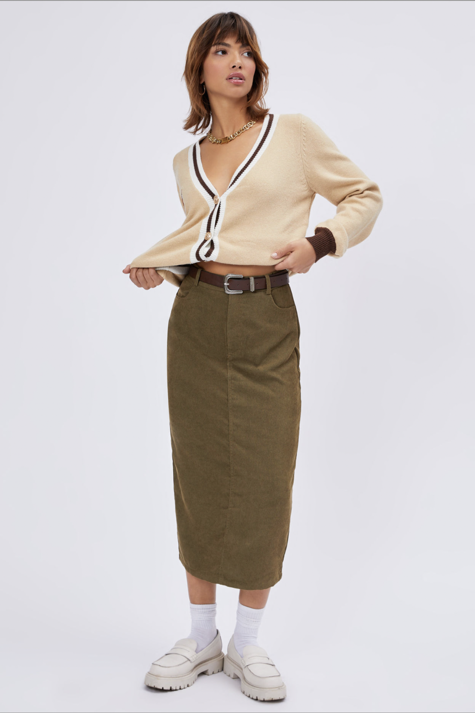 Solid Corduroy Skirt With Belt