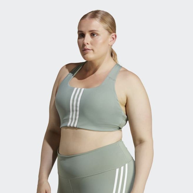 adidas Training mid support sports bra in black with rose gold logo