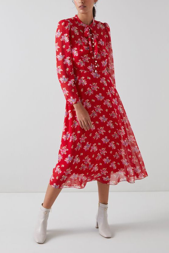 Keira Red Floral Print Silk Dress