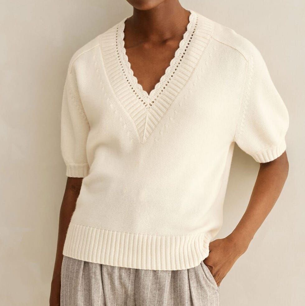 Merino Cashmere Crochet Trim V Neck Jumper Merino Cashmere Crochet Trim V Neck Jumper