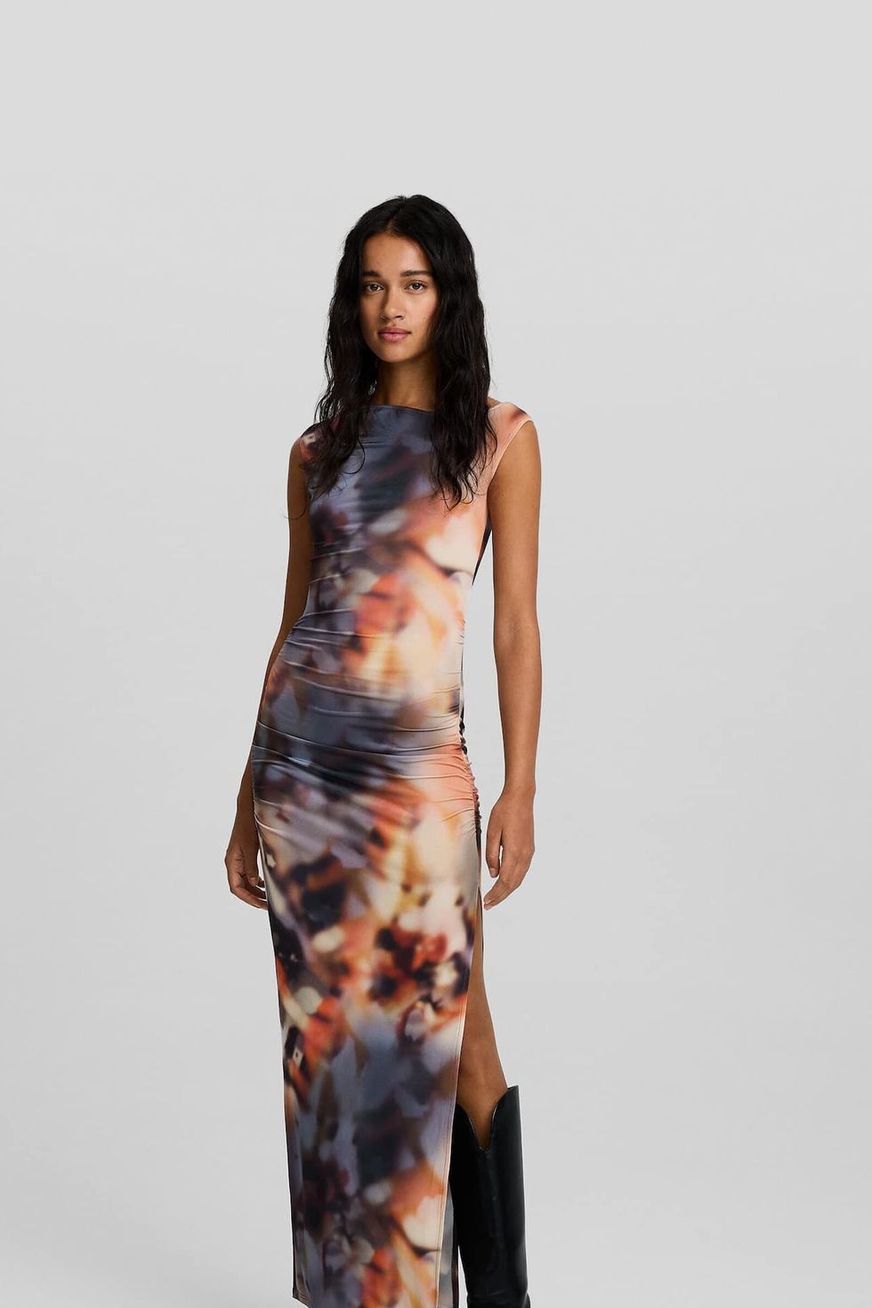 Midi asymmetric gathered dress with print